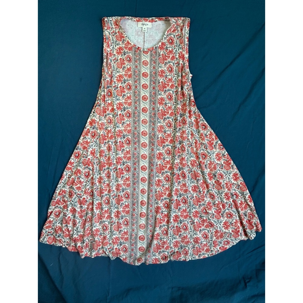 Style & Co Petite Red Floral Sleeveless Swing Dress PM Petite Medium Boho A-Line
